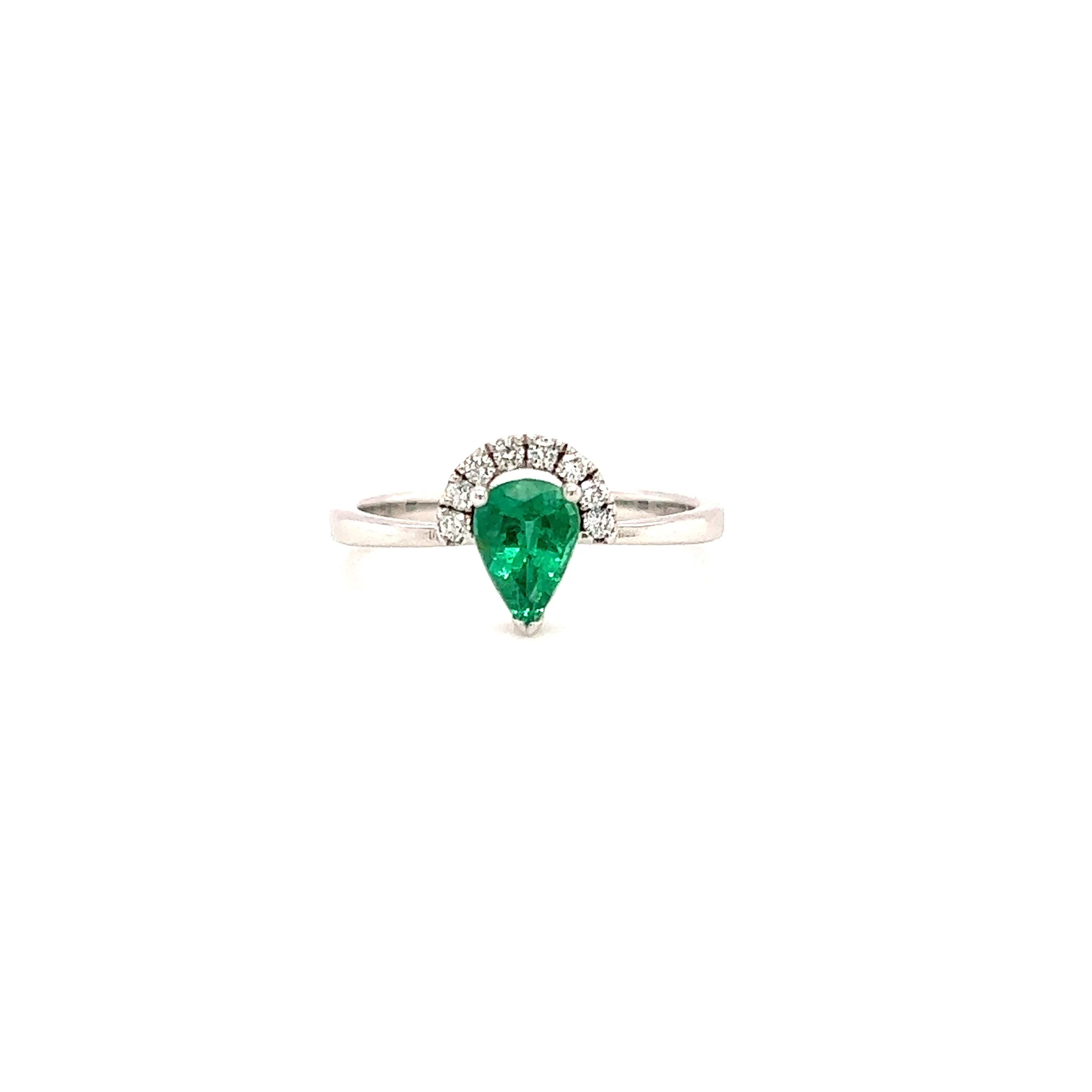 Pear Emerald Ring with Half Diamond Halo in 18K White Gold