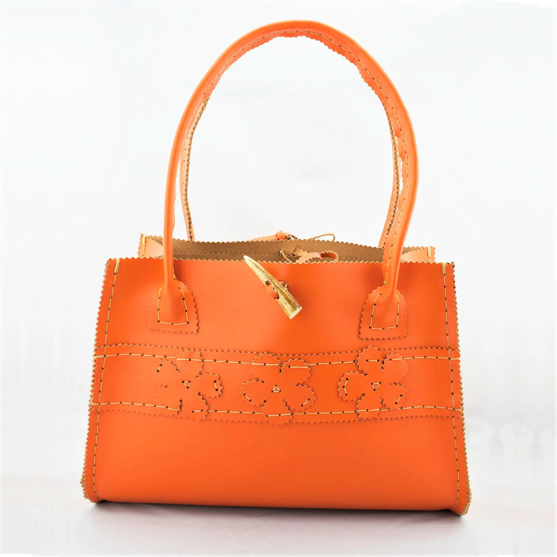 Persimmon Orange Leather  Hand Bag with Floral Motif and Modern Square Shape