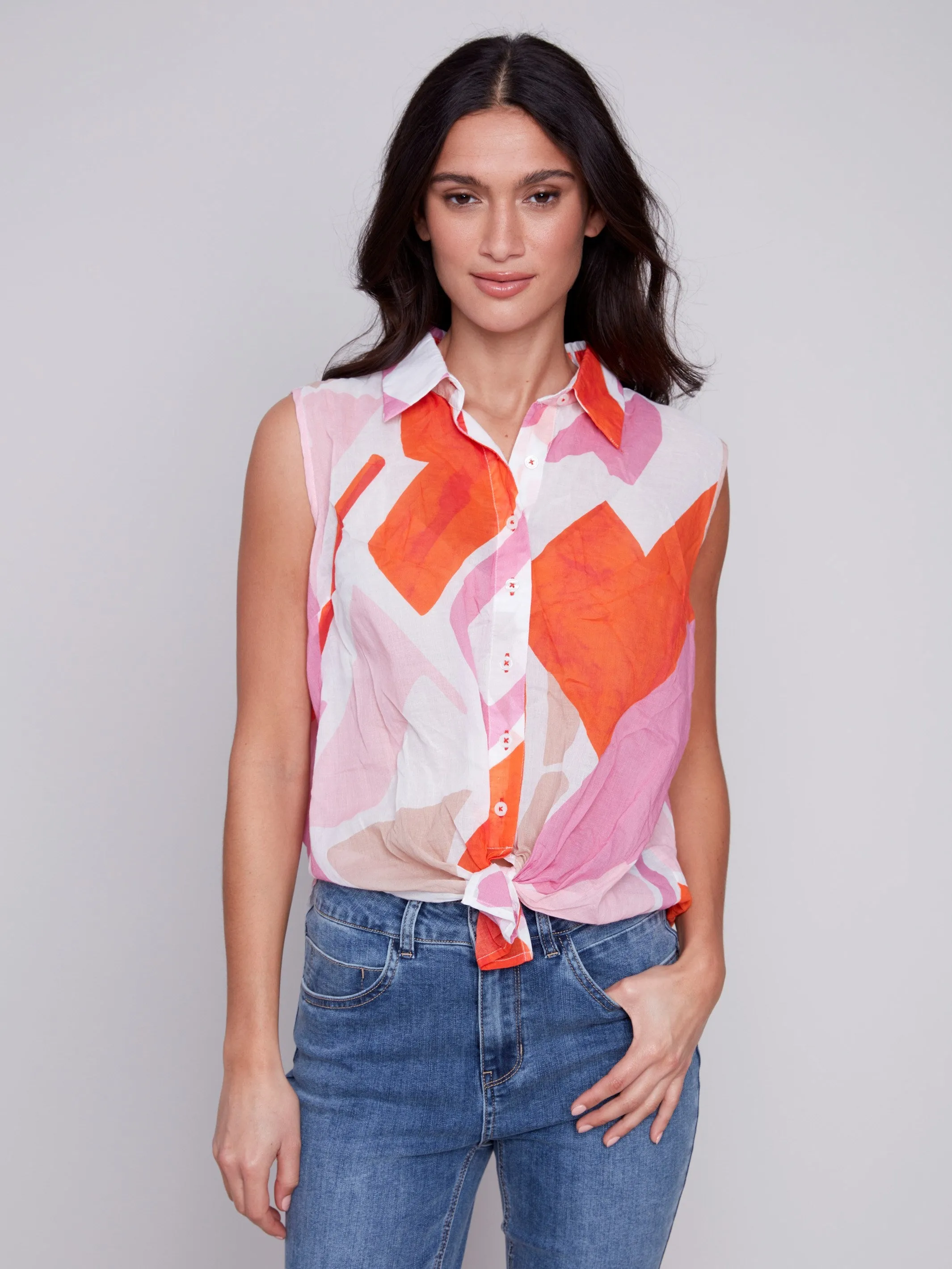 Printed Sleeveless Front Tie Cotton Shirt - Punch