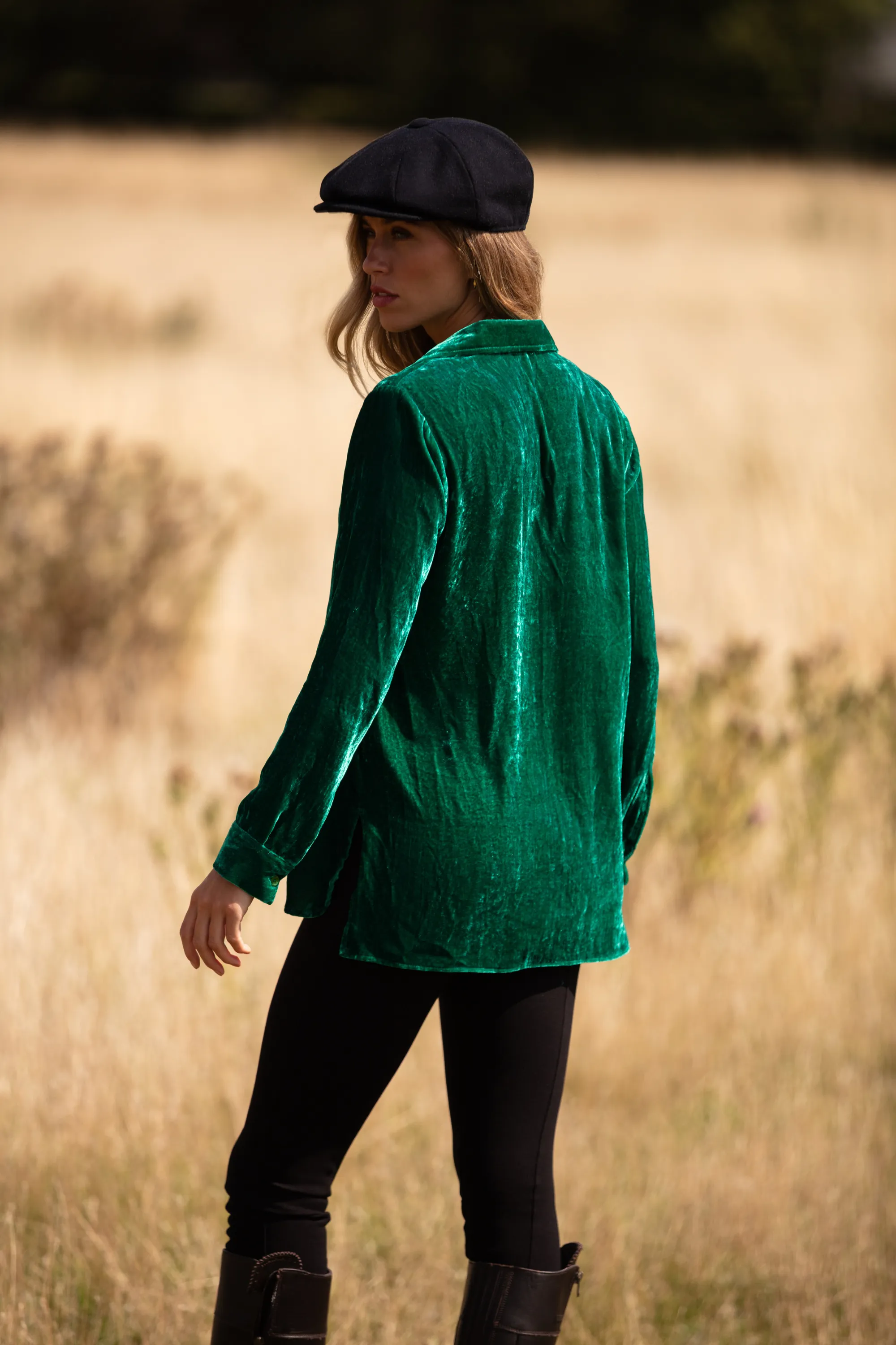 Silk Velvet Shirt In Emerald Green