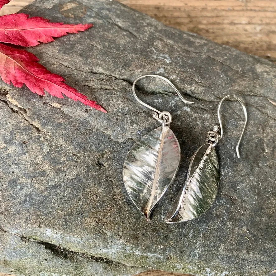 Silver textured leaf earrings