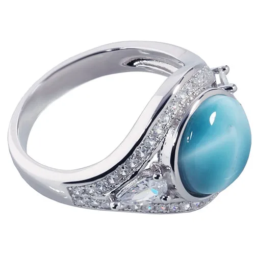 Sterling Silver Eye Shape with Larimar Inlay CZ Ring