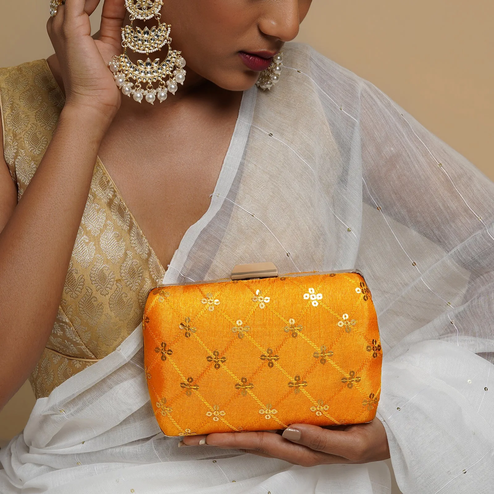 Sunheri Chandini Mustard Sequin Embroidered Clutch