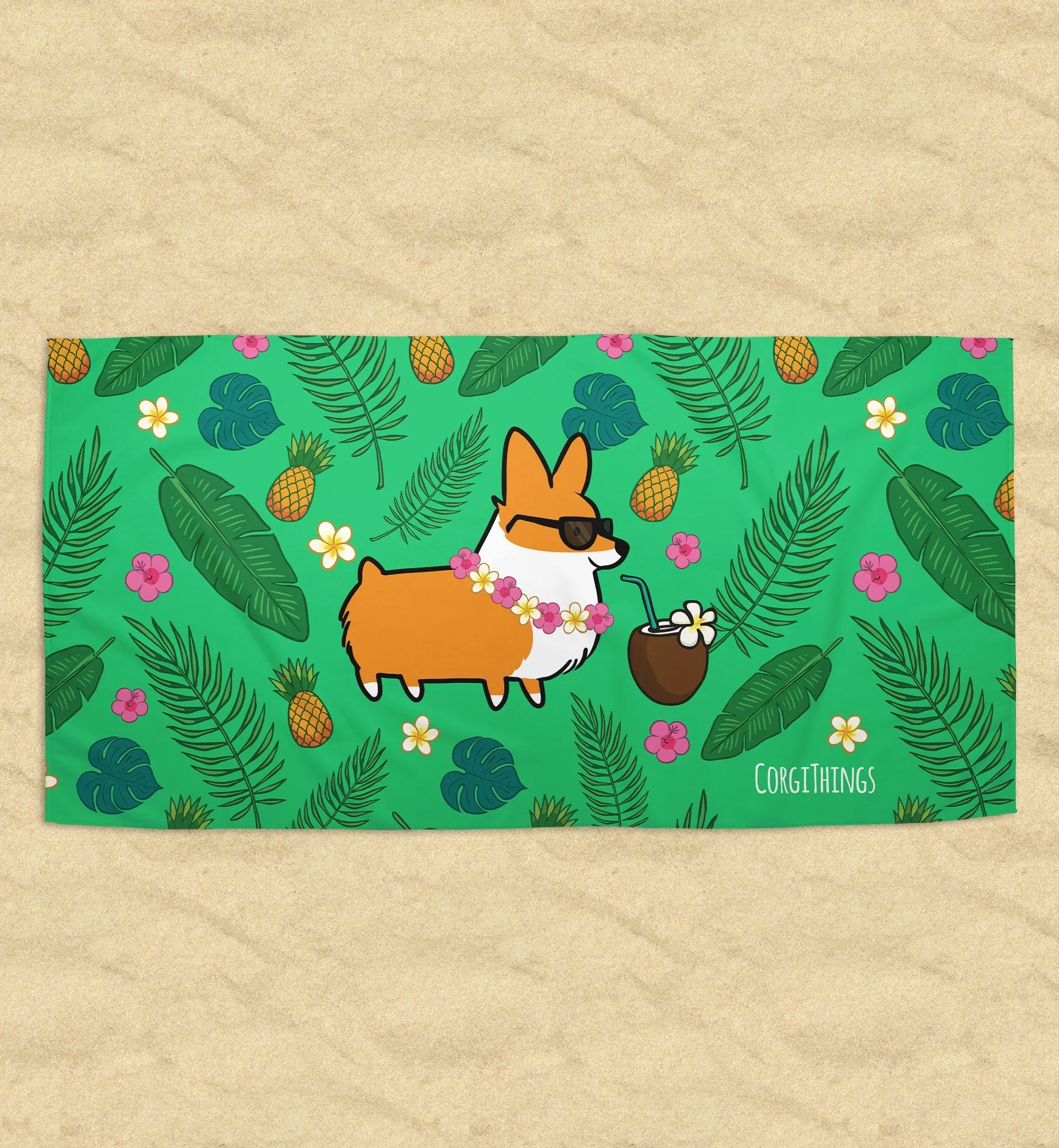 Tropical Corgi Beach Towel