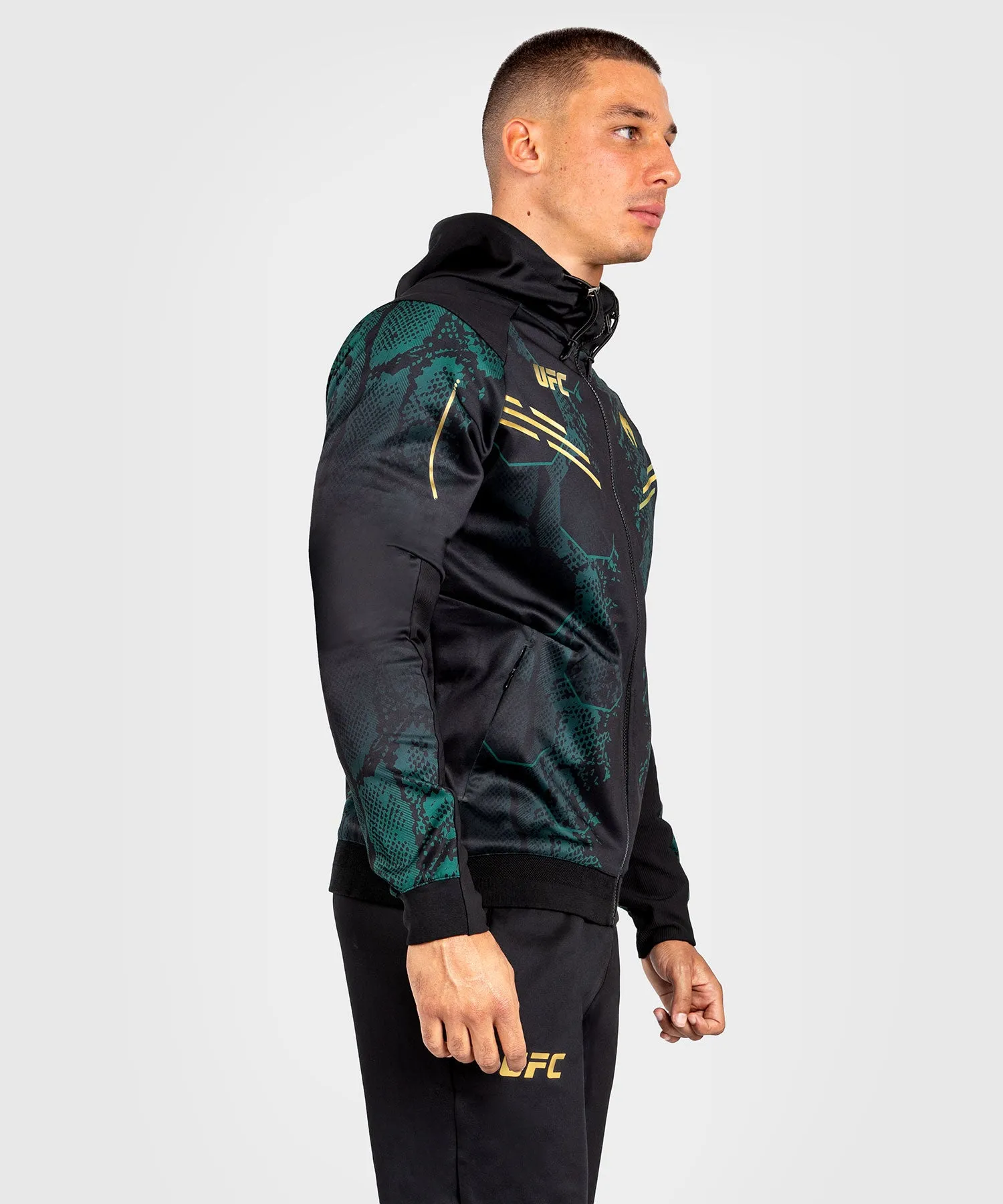 UFC Adrenaline by Venum Personalized Authentic Mens Walkout Hoodie - Emerald Edition in Green, Black & Gold