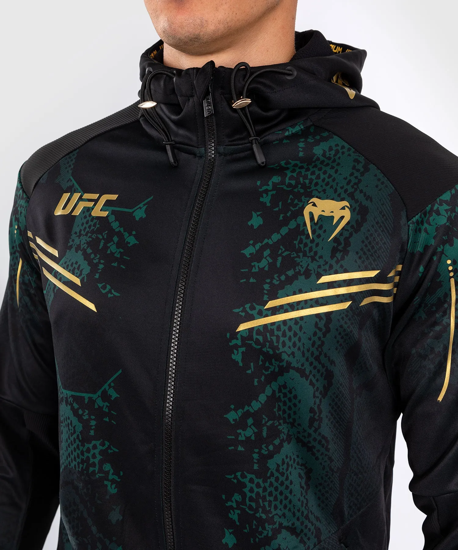 UFC Adrenaline by Venum Personalized Authentic Mens Walkout Hoodie - Emerald Edition in Green, Black & Gold