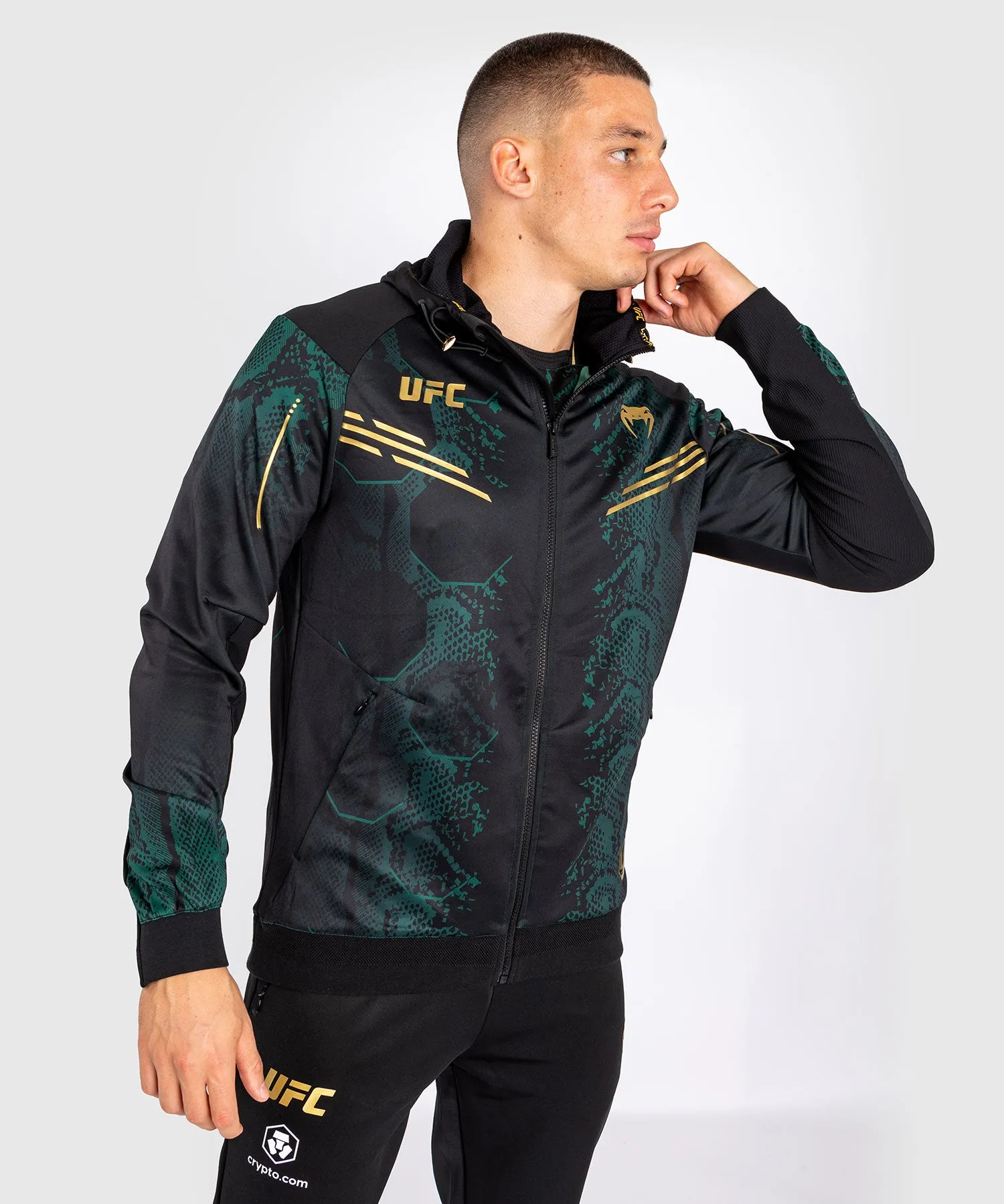 UFC Adrenaline by Venum Personalized Authentic Mens Walkout Hoodie - Emerald Edition in Green, Black & Gold