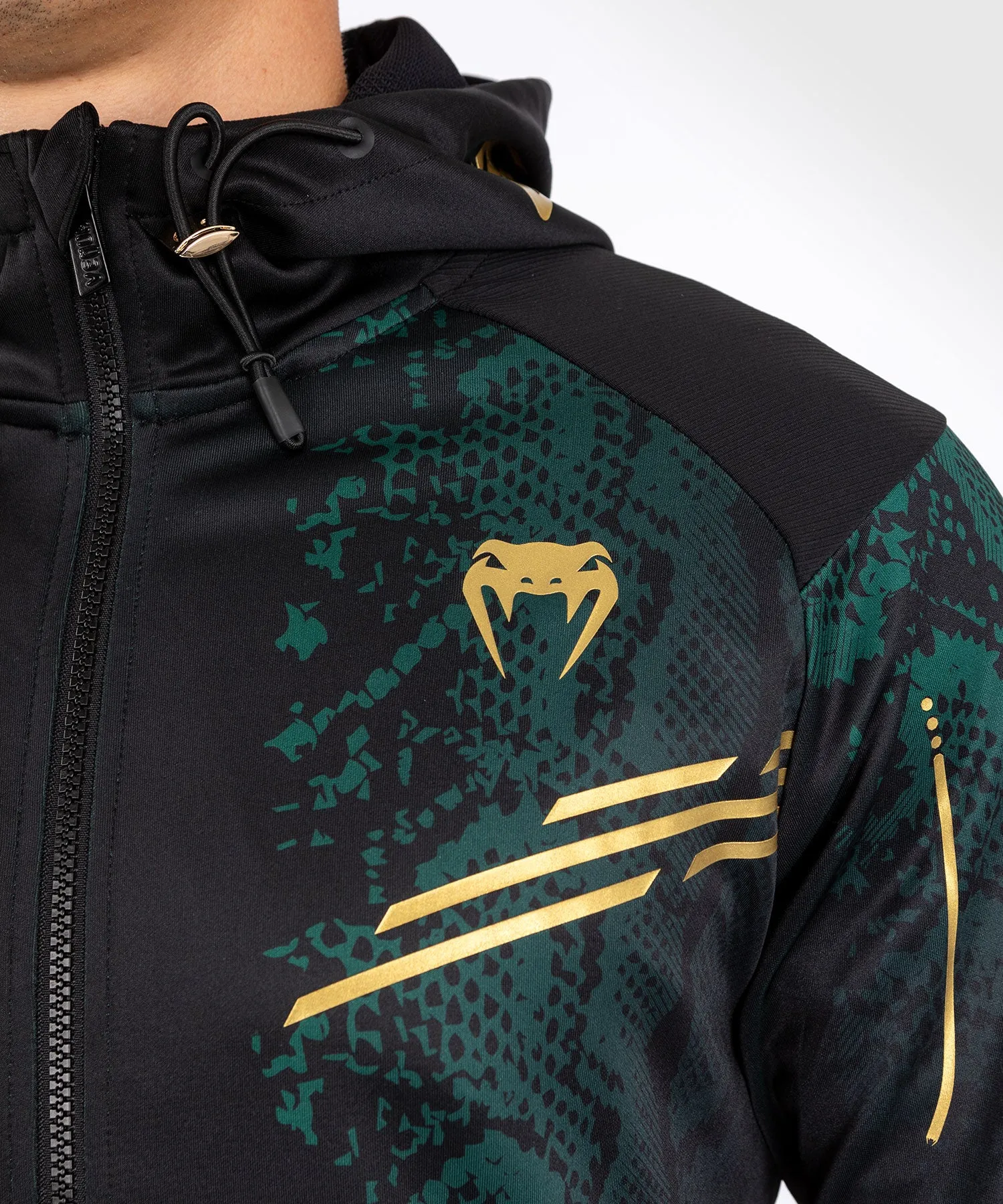 UFC Adrenaline by Venum Personalized Authentic Mens Walkout Hoodie - Emerald Edition in Green, Black & Gold