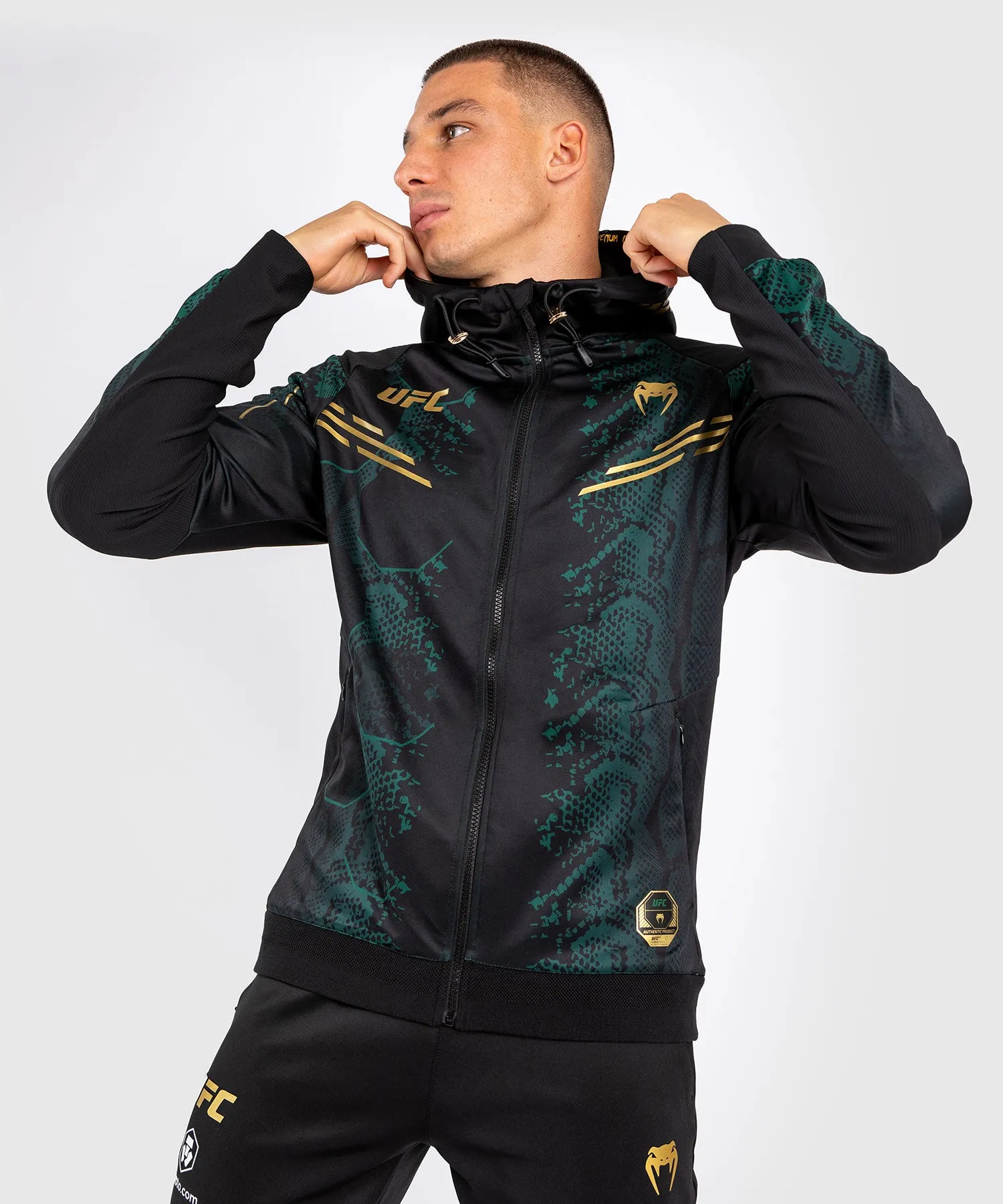 UFC Adrenaline by Venum Personalized Authentic Mens Walkout Hoodie - Emerald Edition in Green, Black & Gold