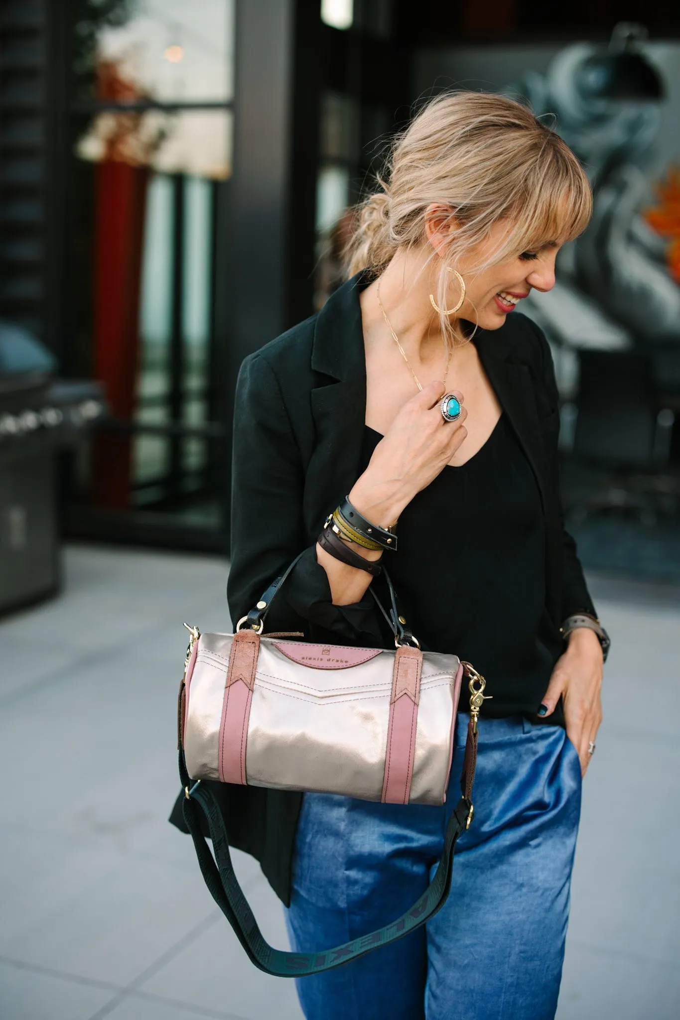 Urban Edge Collection | Gigi Baby Duffel   Crossbody | Distressed Pink Jade   Champagne Steel