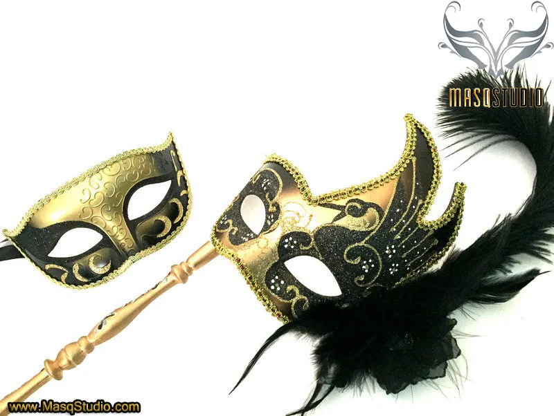 Venetian Couple Feather Masquerade Stick Mask Set Black Gold