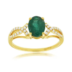 Vintage Inspired Green Oval Emerald Crossover Diamond Band Ring in Yellow Gold