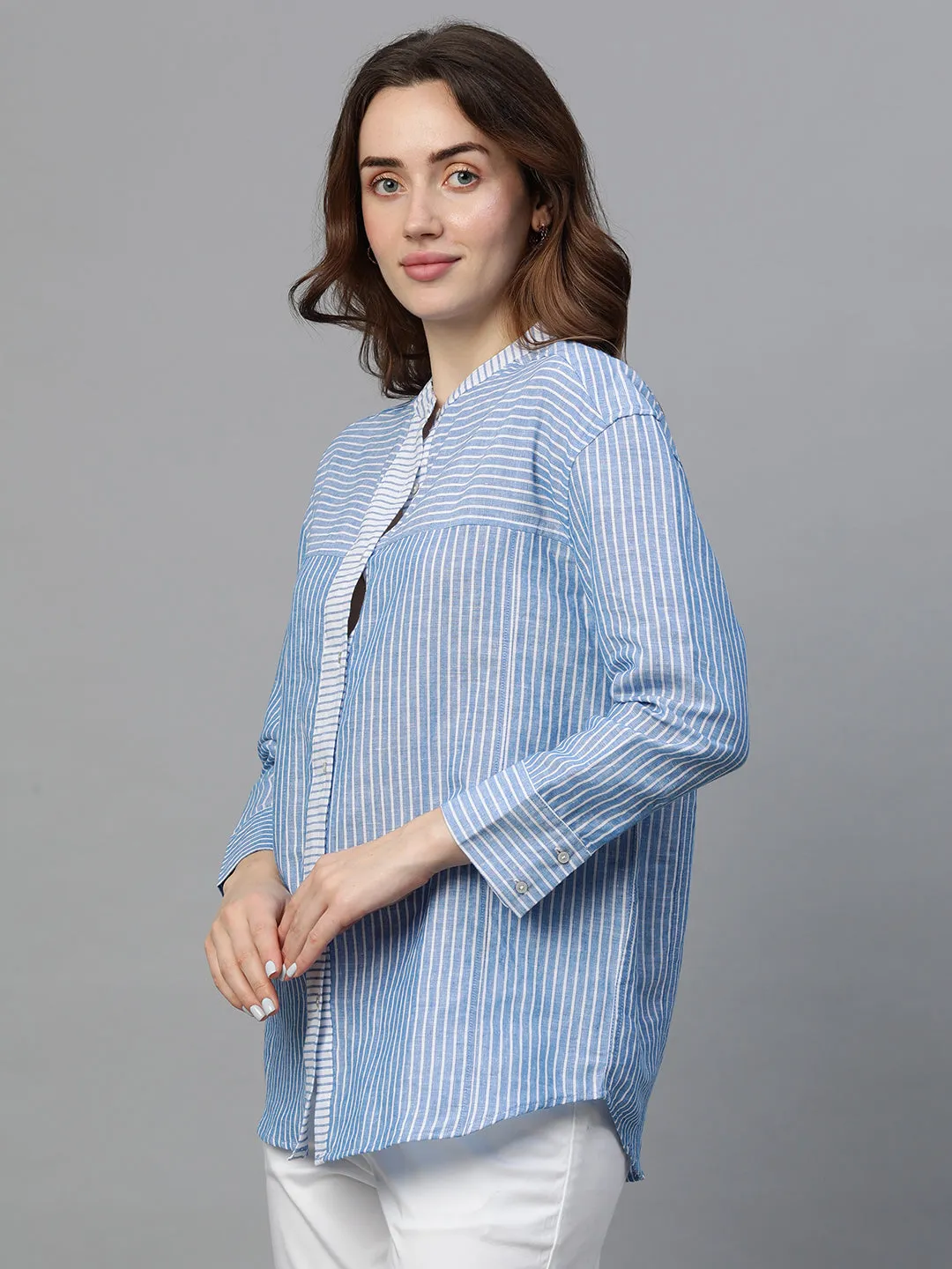 Women's Blue Linen Regular Fit Blouse